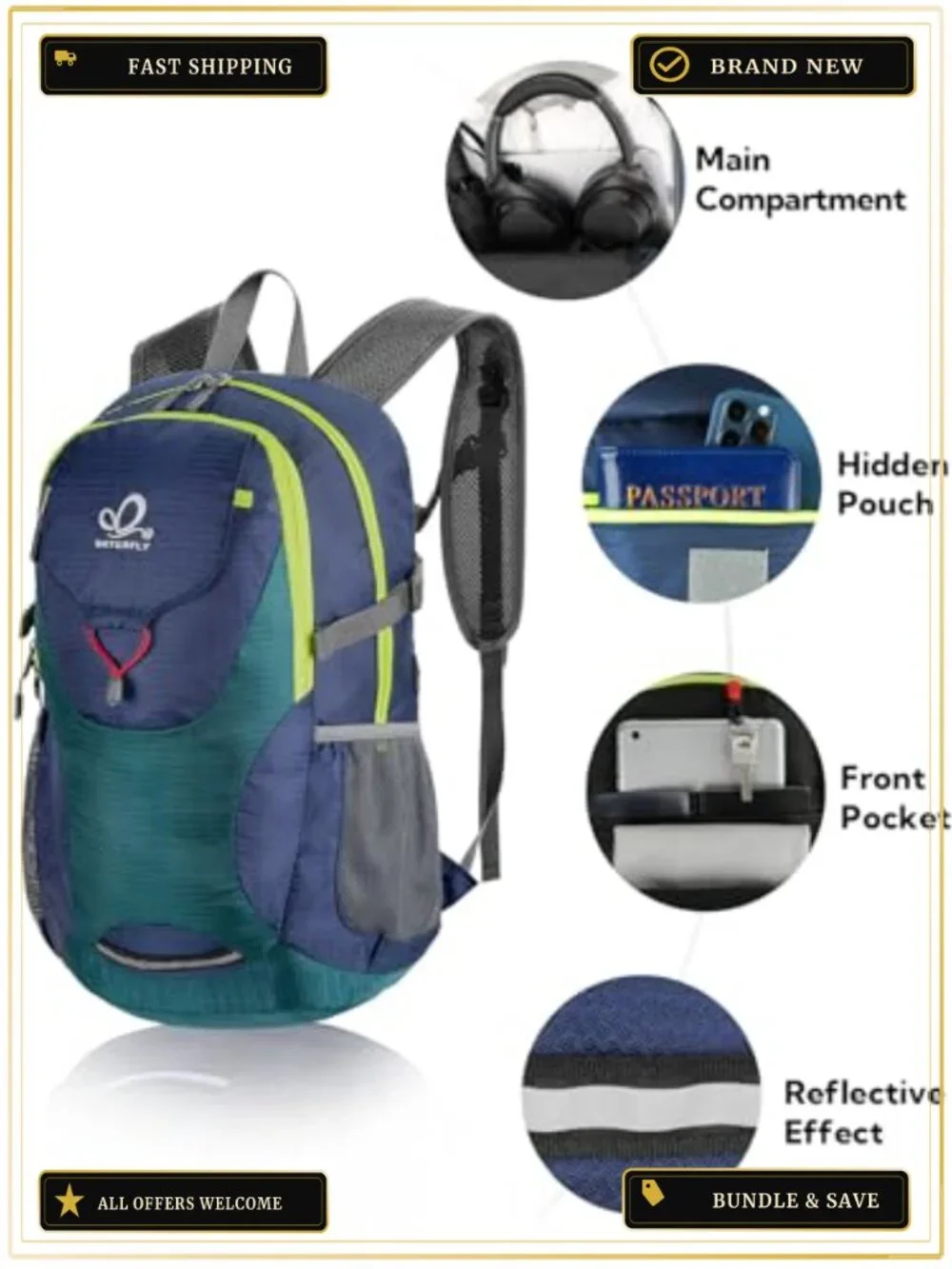 Lightweight Packable Hiking Backpack 30L Daypack Water Resistant Nylon Travel